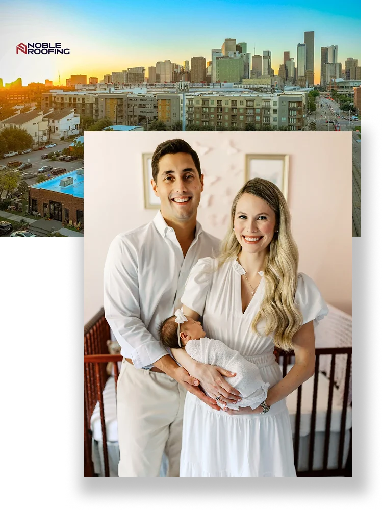 A smiling couple dressed in white stands holding a newborn in a nursery. Above them is a cityscape at sunset with the Noble Roofing logo in the corner, showcasing trusted commercial roofing services for your peace of mind.