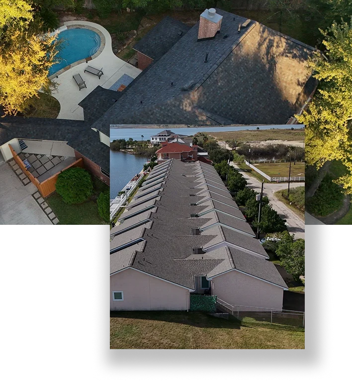 A collage of two aerial photos: the top image shows a backyard with a pool, patio, and lounge chairs; the bottom image, captured in The Woodlands, highlights identical houses with gray roofs featuring Noble Roofing services along the waterfront.