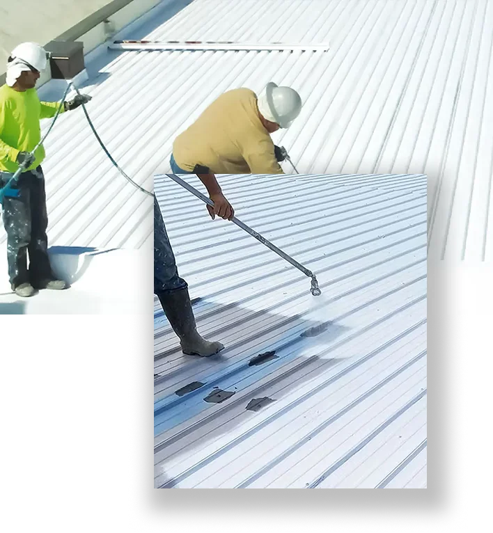 Two construction workers wearing hard hats use spray equipment to apply a white coating to a metal roof. An inset shows a close-up of the spray process, highlighting commercial roofing services in The Woodlands on the corrugated surface.