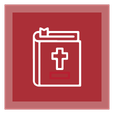 A white outline of a book with a cross on the cover and a bookmark, centered on a red square background with a lighter red border, symbolizes Noble Roofing's commitment to trustworthy commercial roofing services.