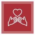 White outline of two hands with open palms facing outwards, positioned below a heart shape. The image is set on a red square background with a lighter red border, representing the care Noble Roofing brings to The Woodlands’ commercial roofing needs.