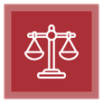A white outline of balanced scales is centered on a red square background with a lighter red border, symbolizing justice or legal concepts—ideal for Noble Roofing in The Woodlands specializing in commercial roofing services.