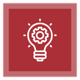 A white icon of a lightbulb with a gear inside, surrounded by small rays, on a red square background with a lighter red border, representing Noble Roofing’s innovative commercial roofing solutions in The Woodlands.