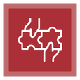 Two white outlined hands each hold a puzzle piece, fitting them together, centered on a red square background with a lighter red border—symbolizing how Noble Roofing connects The Woodlands community through quality roofing services.