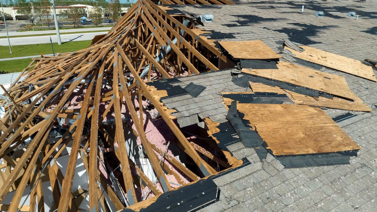 Aerial view of a commercial roofing structure in The Woodlands shows severe damage; large sections of shingles and plywood are missing, exposing wooden beams and pink insulation. The destruction suggests impact from a natural disaster, such as a hurricane.