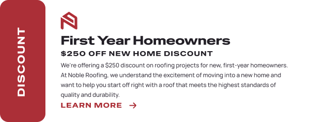 A promotional banner for Noble Roofing in The Woodlands offers a $250 discount on new home roofing projects for first-year homeowners, with an option to learn more. The left side features a red panel labeled DISCOUNT, highlighting expert roofing services.