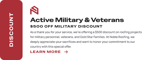 A promotional banner offering active military and veterans a $500 discount on Roofing Services in The Woodlands, with details about eligibility and a Learn More button. The word DISCOUNT appears vertically on a red sidebar.
