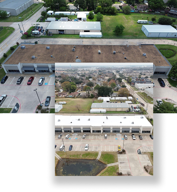 Aerial view of commercial buildings in The Woodlands with parking lots and green spaces, featuring overlapping images showing different perspectives—highlighting quality commercial roofing and roofing services.