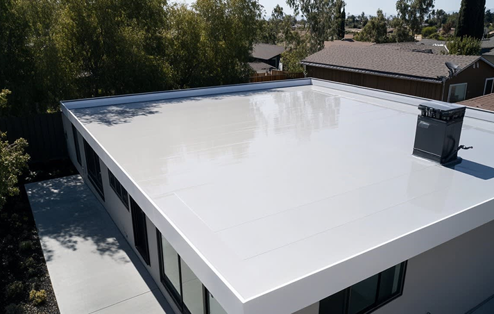 A modern flat white roof by Noble Roofing tops this single-story building, surrounded by trees and neighboring houses, with an HVAC unit installed on the rooftop.