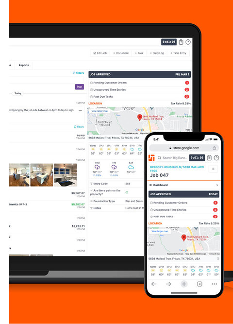 A laptop and smartphone display the same Noble Roofing dashboard interface, featuring job details, maps, images, and data tables for commercial roofing projects in The Woodlands, all set against an orange background.