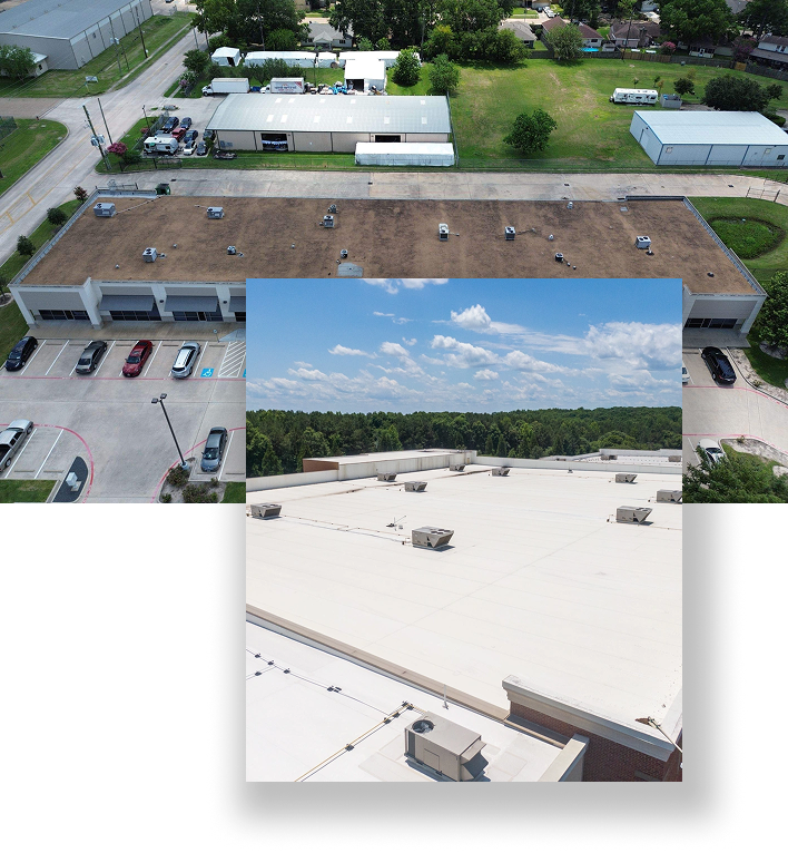 Two aerial photos overlap: the top shows a flat brown commercial roofing building with parked cars and grass; the bottom highlights a white rooftop with HVAC units and green trees, showcasing professional roofing services in The Woodlands.