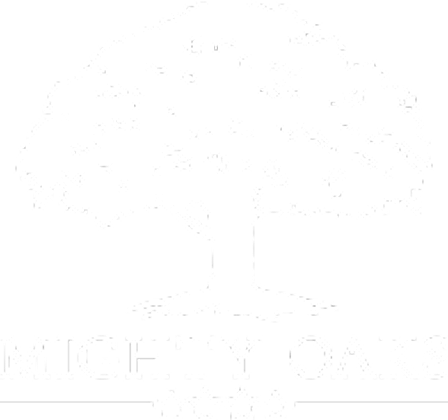 White silhouette of a large oak tree above the words MIGHTY OAKS in bold capitals, with three stars below. Set against a light gray background, this design reflects Noble Roofing’s strength and reliability in The Woodlands commercial roofing industry.