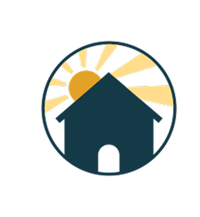 A simple graphic of a house inside a circle with a yellow sun and sun rays rising behind the roof, symbolizing warmth or a new beginning—perfect for promoting Roofing Services in The Woodlands.